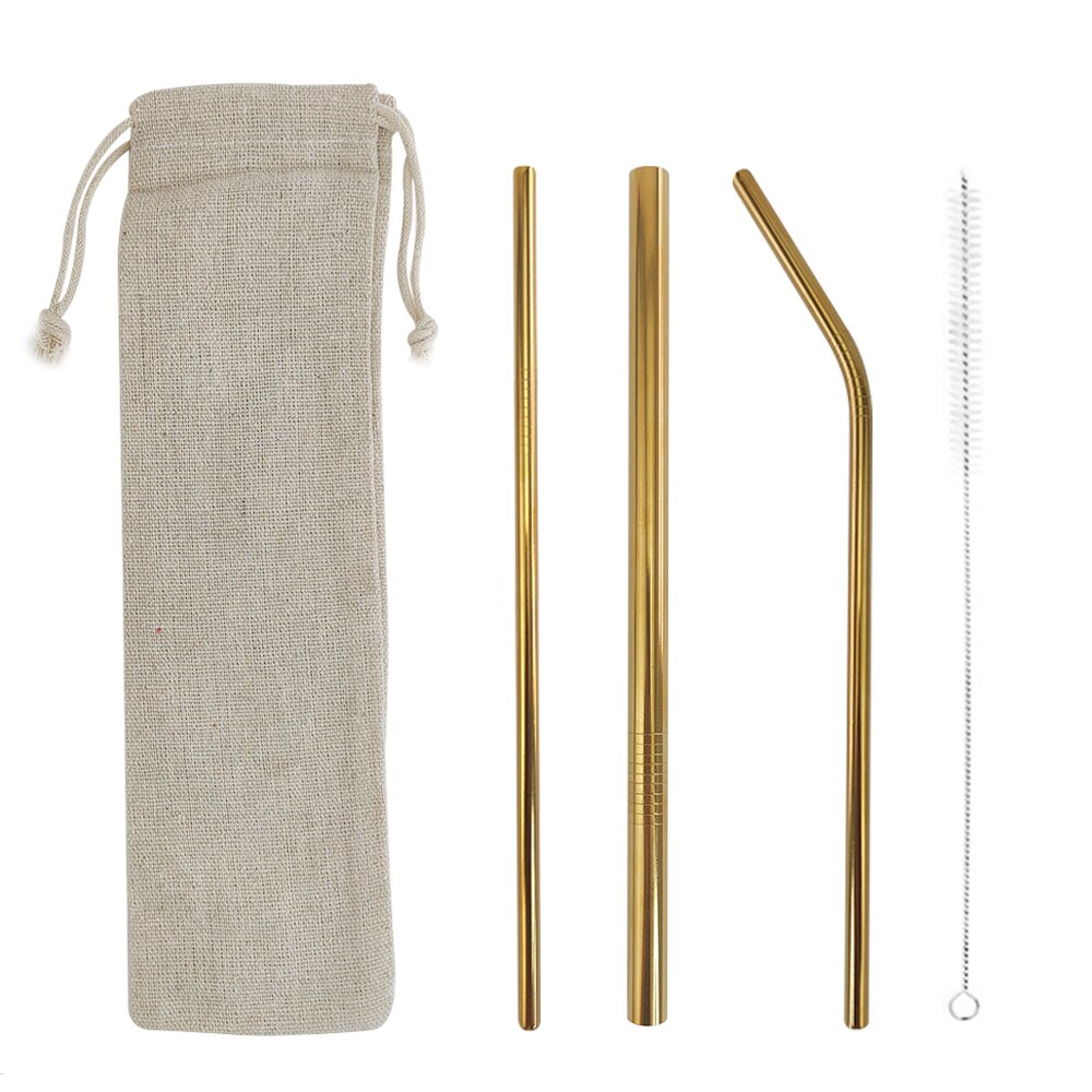 5pcs Eco Friendly Reusable Straw 304 Stainless Steel Straw Metal Smoothies Drinking Straws Set with Brush & Bag