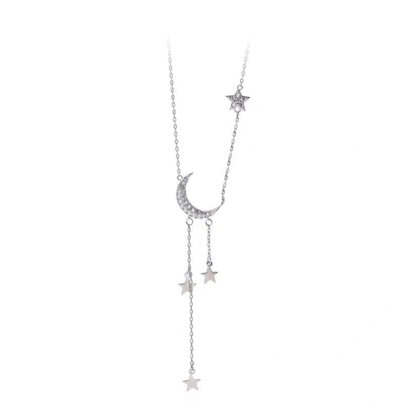 925 prata esterlina moda clavícula corrente temperamento simples personalidade lua e as estrelas borla colar para estudante do sexo feminino