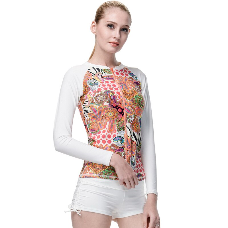 Vrouwen Lange Mouw Zip-Up Rashguard Bloemen Gedrukt Swim Pak Top Basic Pak crew UPF 50 + Tee Shirt: 980B / XL