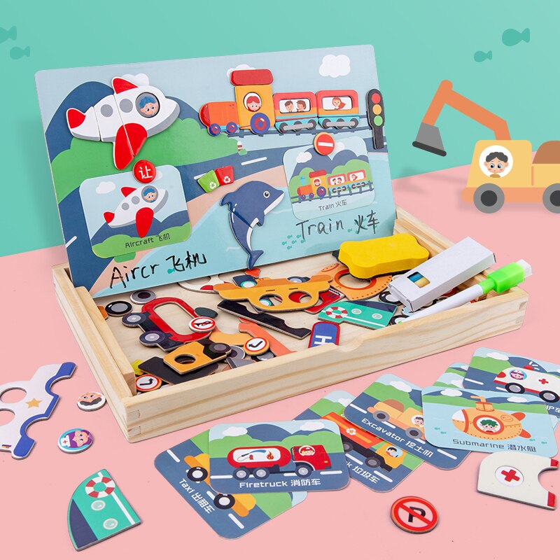 Kids Houten Speelgoed Cartoon Verkeer Magnetische Puzzel Tekening Speelgoed Board Puzzel Baby Vroege Educatief Speelgoed Voor Kinderen