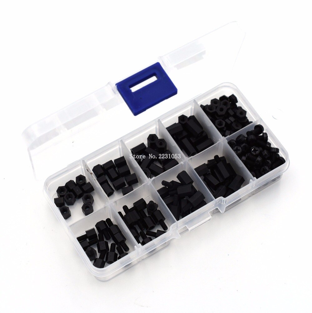 200 STKS M3 Nylon M-F Hex Spacers Moer Mannelijke Vrouwelijke schroef Assortiment Kit Zwart Stand off Set M3 * 5mm M3 * 6 M3 * 8 M3 * 10mm