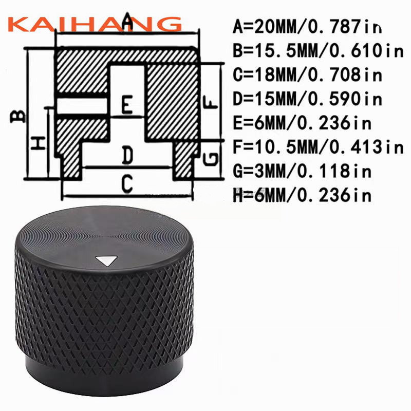 1PCS 20*15.5MM Alle aluminium Gekartelde knop cap Potentiometer Knop Panel bediening knop cap ronde gat 6mm: Black