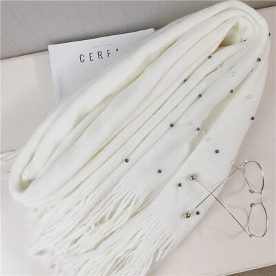 Bufanda tejida cálida de invierno para mujer de de Luna y Delfín, bufandas suaves con cuentas de perlas y perlas, bufanda de lana con borlas, manta Pashmina grande: white