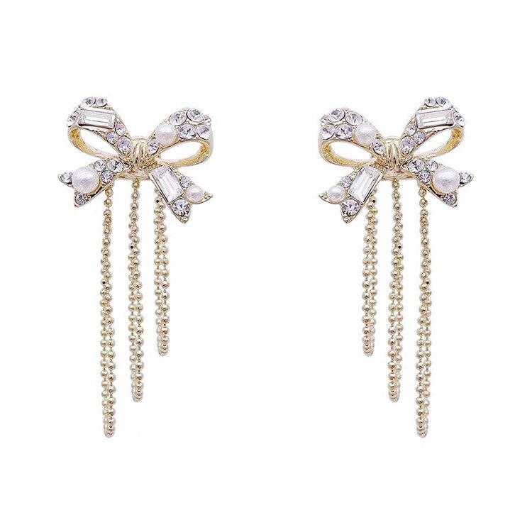 2022 New Rhinestone Pearl Bow Tassel Earrings Women&#39;s Fashion Temperament Stud Earrings Wedding Jewelry Birthday Present