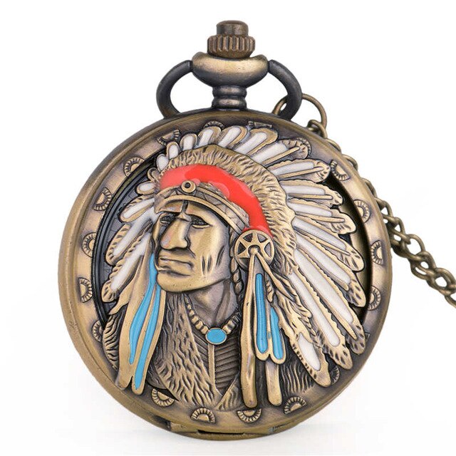 Quartz Pocket Watch Bronze Indian Women Man Necklace Pocket Watch With Chain Vintage Pocket Watches: Red Blue