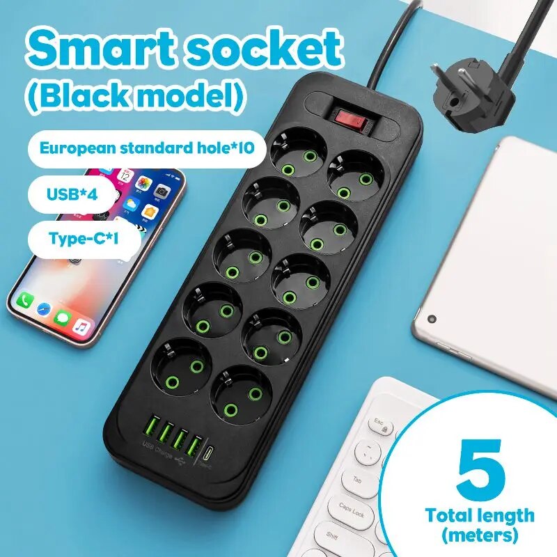 EU Plug AC Outlet Power Strip Multitap Extension Cord Electrical Socket With 4 USB Ports Fast Charge Multiprise Network Filter: green