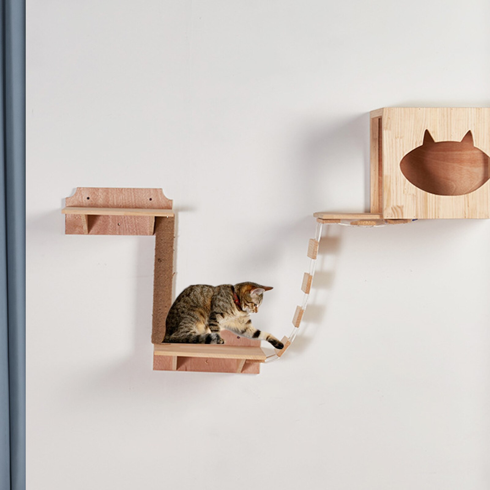 Cat Bridge Climbing Frame Wood DIY Pet Cat Tree House Bed Hammock Sisal Scratching Post Cat Furniture Cat Toy Wall Mounted