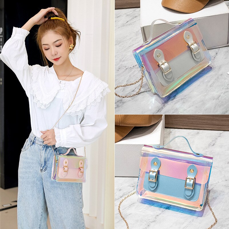 Ladies Shoulder Bag Double Buckle Sequined PVC Jelly Crossbody Square Bag Trendy Shoulder Diagonal Female Bag Summer Autumn