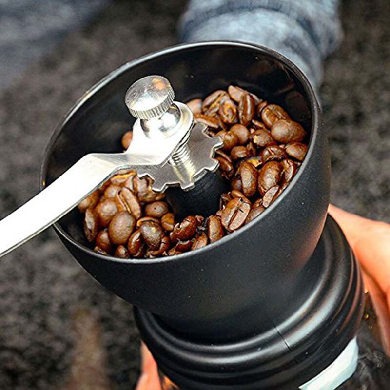 Manuel kaffekværn med keramiske grater, håndkaffemølle med to glasburkbørster og spiseskefuld