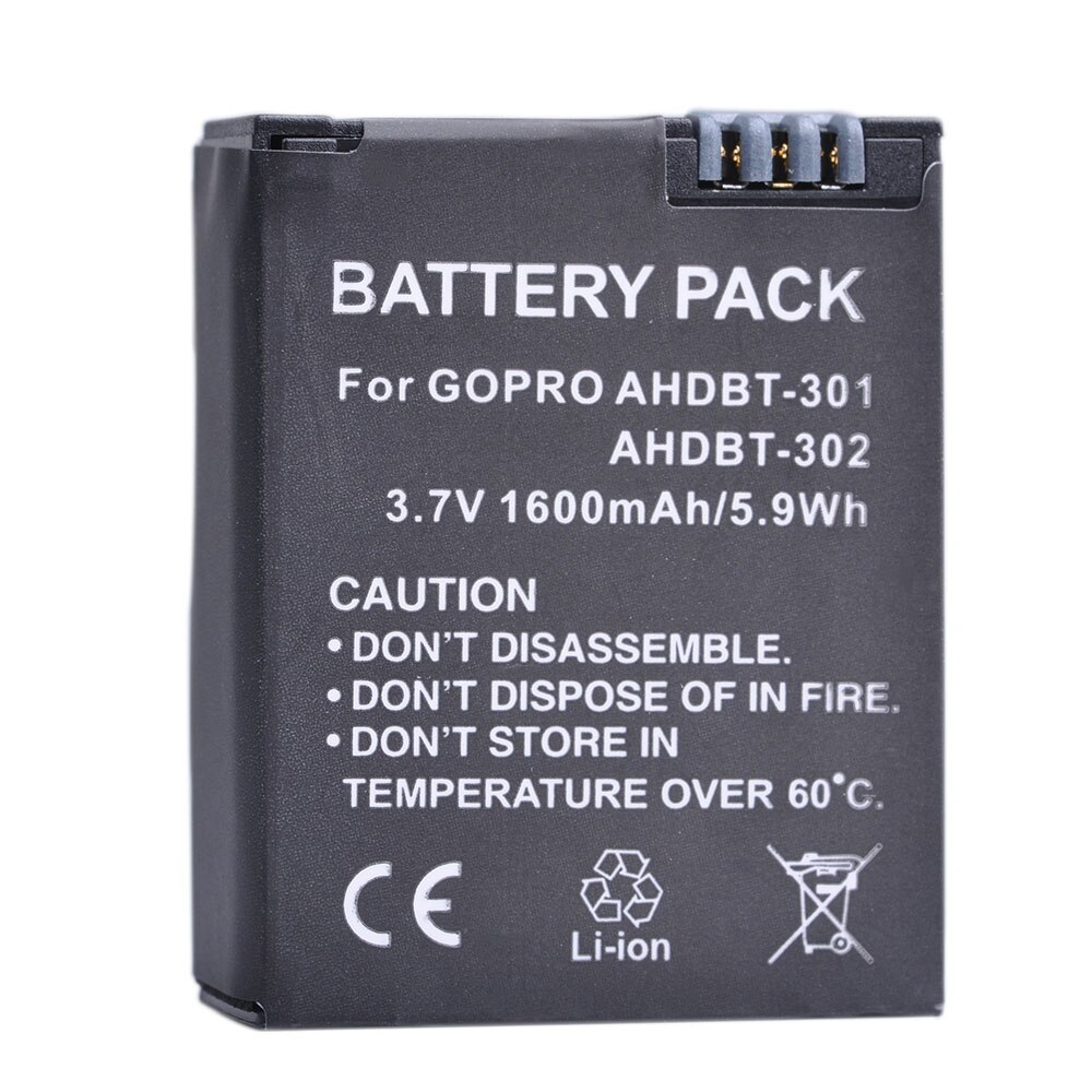 2 uds. De AHDBT-301 de 1600mAh para GoPro Hero 3, batería para cámara GoPro Hero3 Hero 3 +, edición plata HD, color blanco y negro: 1 battery