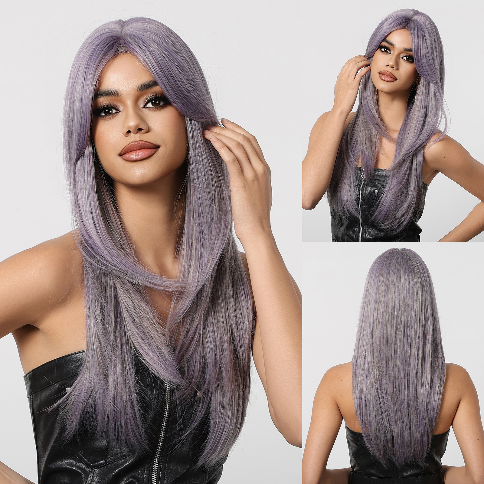 Gerade geschichtete synthetische Perücken Lila Schwarz Ombre Perücke mit Pony Mittellange farbige Cosplay-Perücke für Frauen Hitzebeständige Perücke