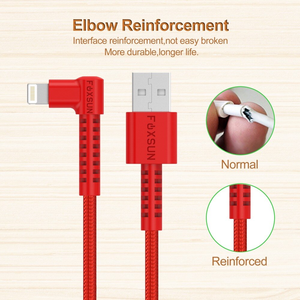 Foxsun Right Angle For Lightning Cable 90 Degree iPhone Charger USB Cable Nylon Braided Fast Speed Data Sync Apple Charging Cord