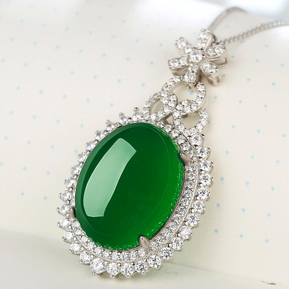 Luxury green jade pendant necklace for women, emerald gemstone, zircon, diamond, white gold, silver color, party jewelry