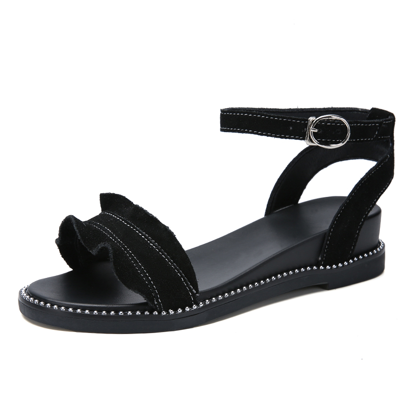 Stq sommar kvinnor sandaler mocka läder platta sandaler kvinnor platta gummi sandalier tofflor dam platta lågklackade sandaler 2028: 2028 svarta / 7