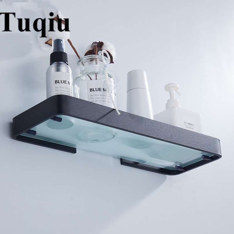 25CM 35CM 45CM Black Aluminum Glass Shelf,Square bathroom glass shelves,Shower room Rack,Cosmetic Shelf
