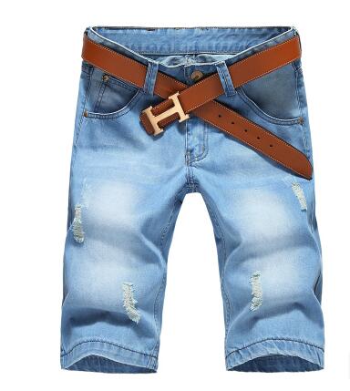 Summer Casual Light Blue Short Jeans Short Pants Size 42 No Belt Large Size Men Holes Denim Shorts Male Short Jeans: 40