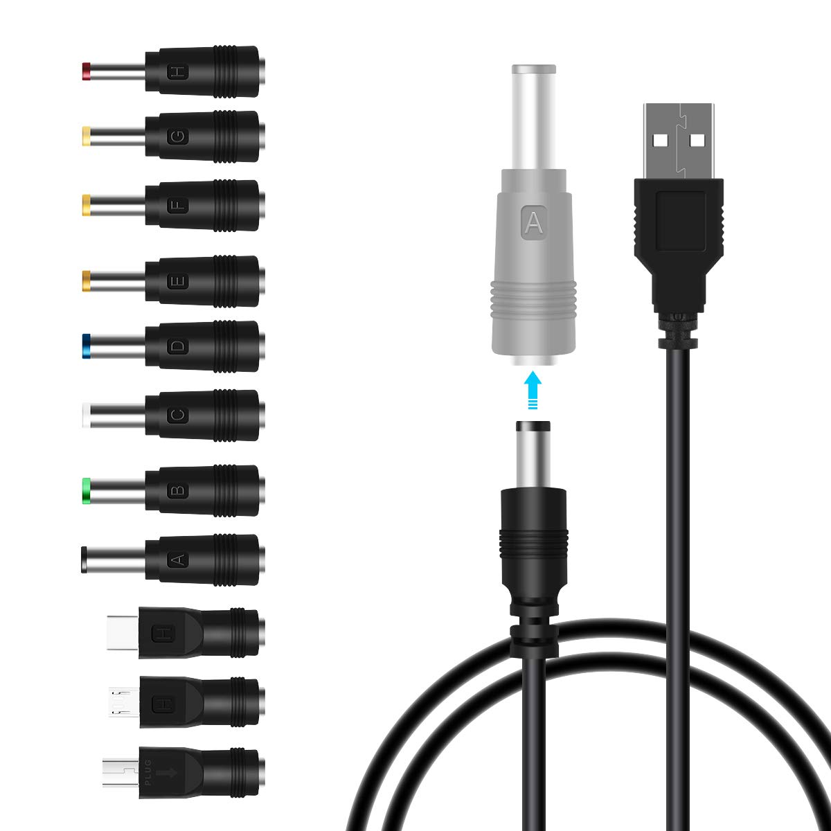 USB zu DC 5V Energie Kabel, Universal- DC 5,5x2,1mm Stecker Jack Ladekabel mit 11 Anschlüsse (6,4 x4.4, 6,3 x3.0, 5,5 x2.5, 5,5 x2.1,