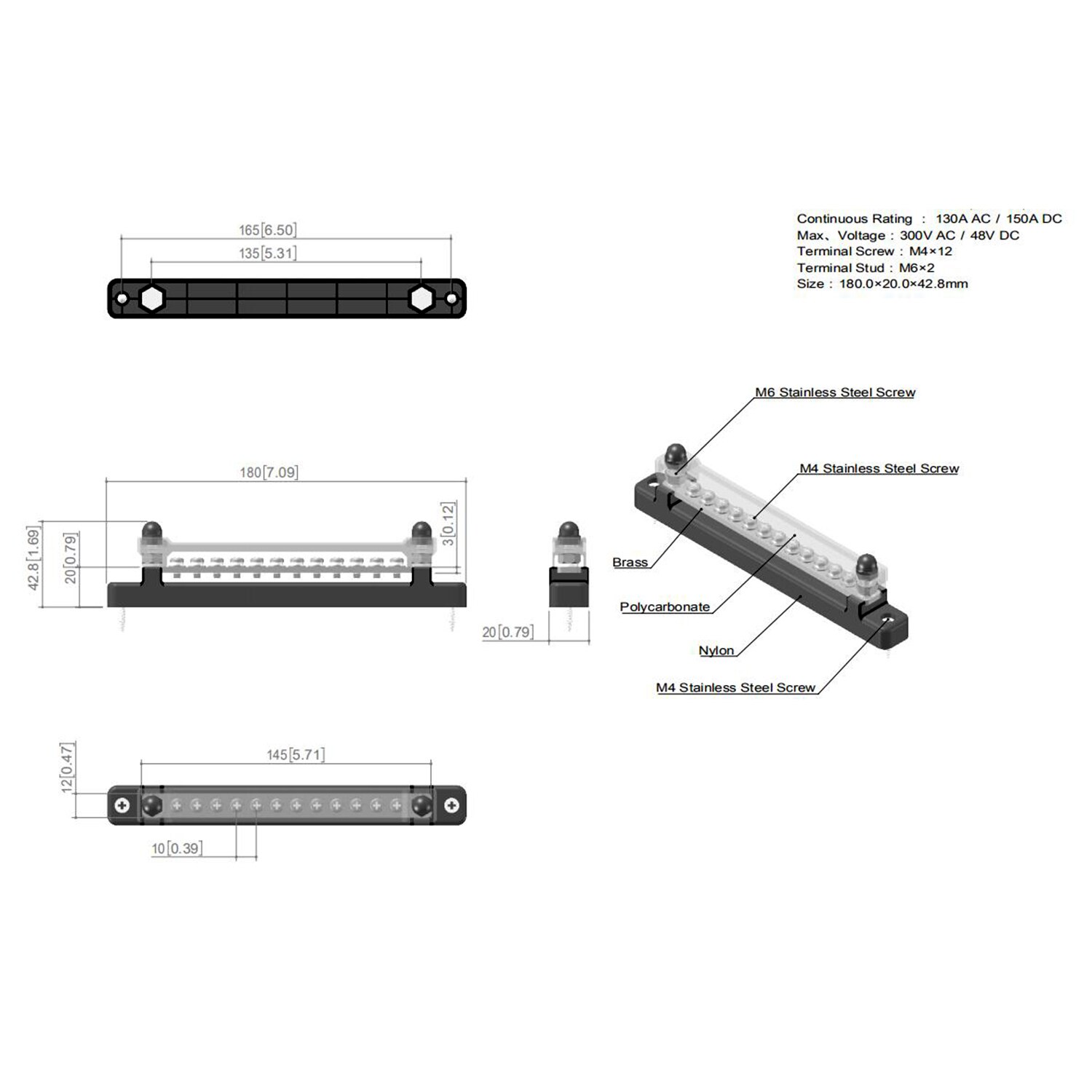 12 Terminal 130A/150A BusBar Block&Cover for Car Boat Marine Power Distribution Terminal Block M4/12 Screwsa+M6/2 Studs