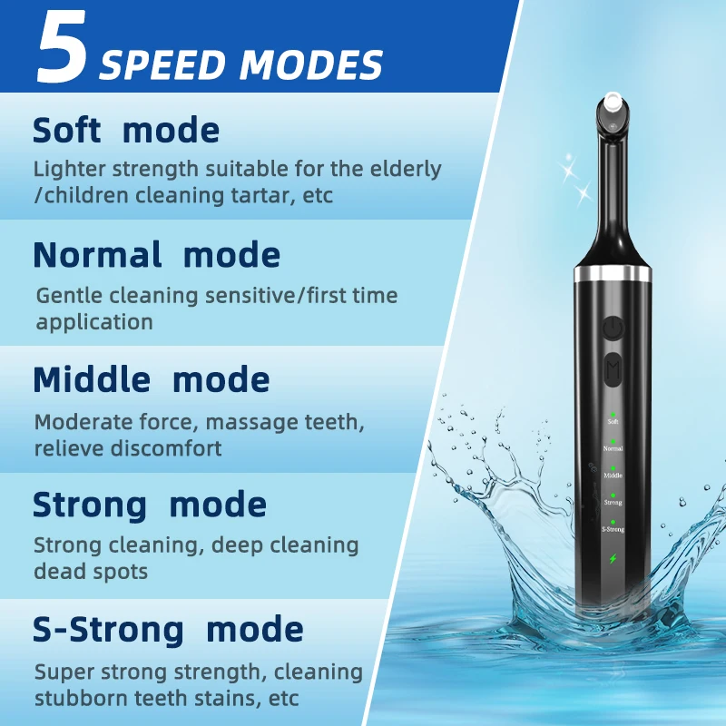 Elektrisk tandpoleringssats – 5 rengöringslägen för borttagning av tandsten och plack, tandblekning och tandstensvård