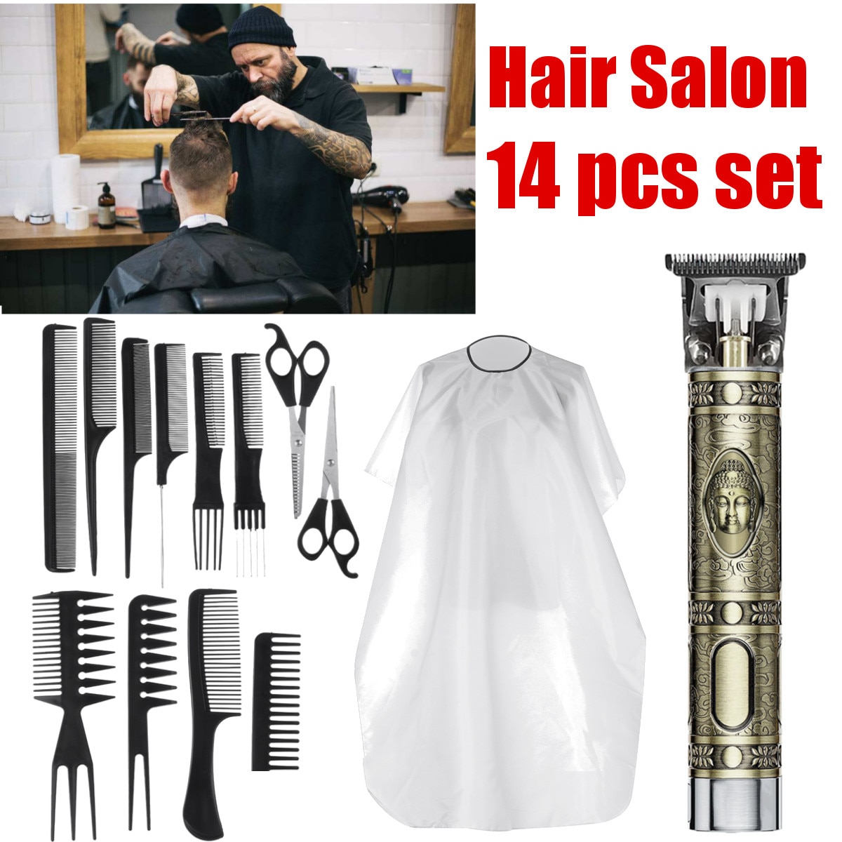 PRO Salon Barber Comb Apron rechargeable wireless electric hair clipper men's shaver nose hair trimmer Hairdressing Scissors Set