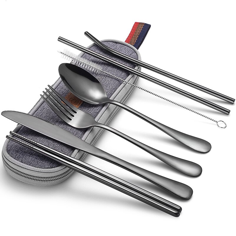 Zestaw obiadowy Travel sztućce kampingowe zestaw wielokrotnego użytku sztućce ze słomka metalowa łyżka widelec pałeczki i przenośny pojemnik: set 9