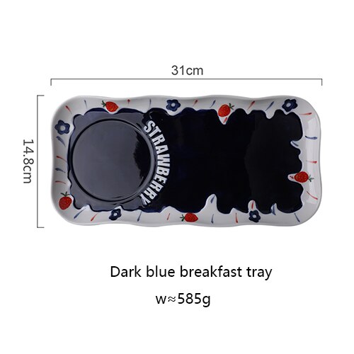Juego de vajilla de cerámica con relieve, cuenco con mango, estilo nórdico, para desayuno, platos de postre, ensalada de leche, tazón con asa: Blue-tray