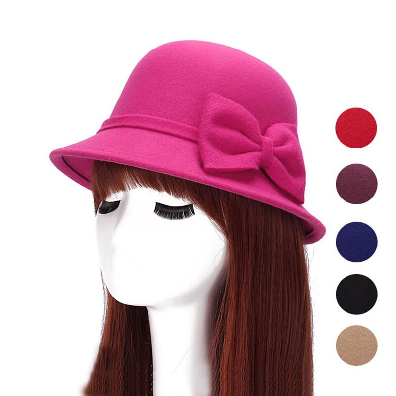 Chapeau Vintage en laine artificielle pour femmes, chapeau seau en feutre avec nœud, coton mélangé de couleur unie, , printemps automne