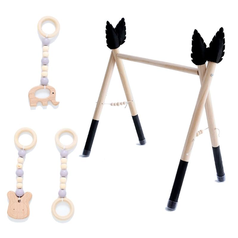 1Set Nordic Style Baby Gym Play Nursery Sensory Ring-pull Toy Wooden Frame Infant Room Toddler Clothes Rack Kids Room H05C: BK