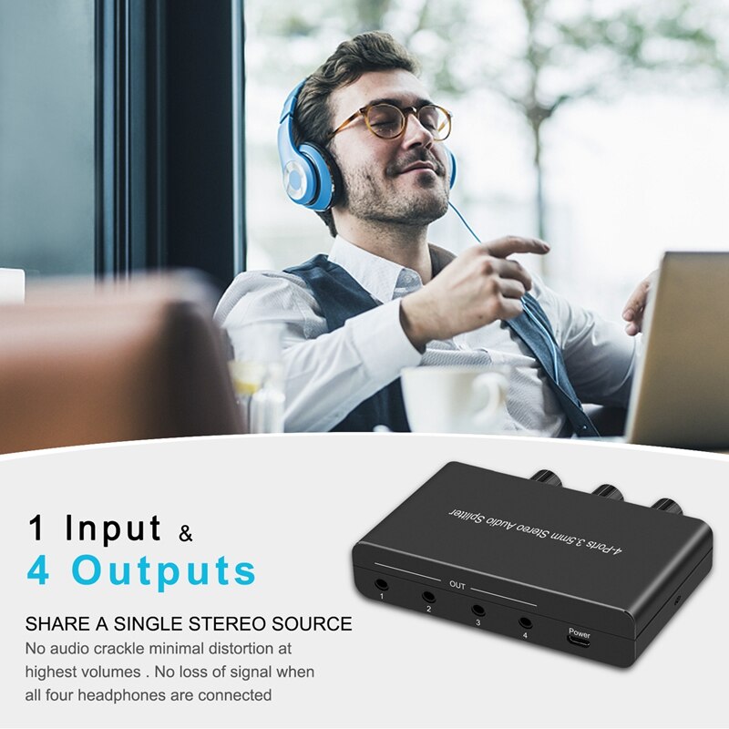 3.5mm Audio Amplifier 4 Ports Stereo Audio Splitter Amplifier Headphone Selector Audio Converter Adapter for Speaker