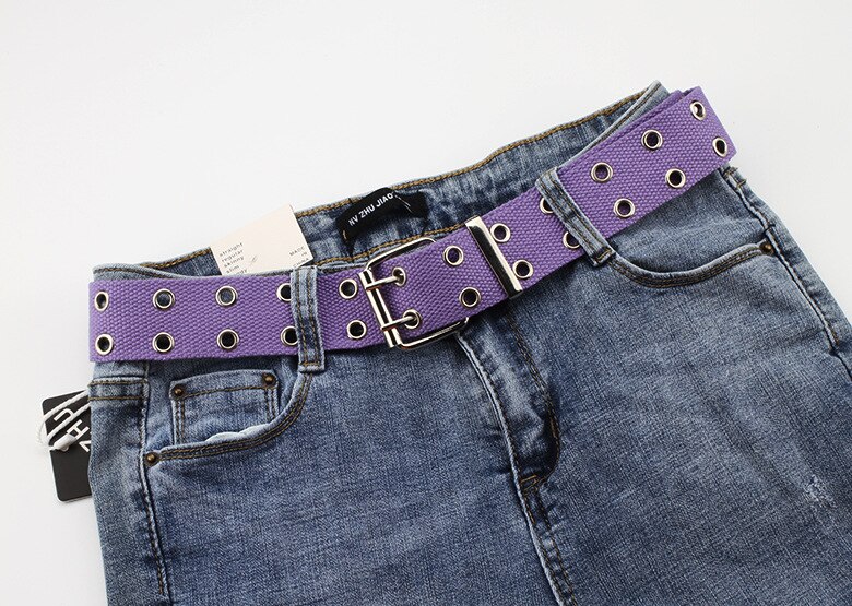 Dubbel genomföring hål spänne bälte brett canvas webbbälte kvinnlig manlig svart röd vit midjeband bälten för kvinnor män jeans: Lila