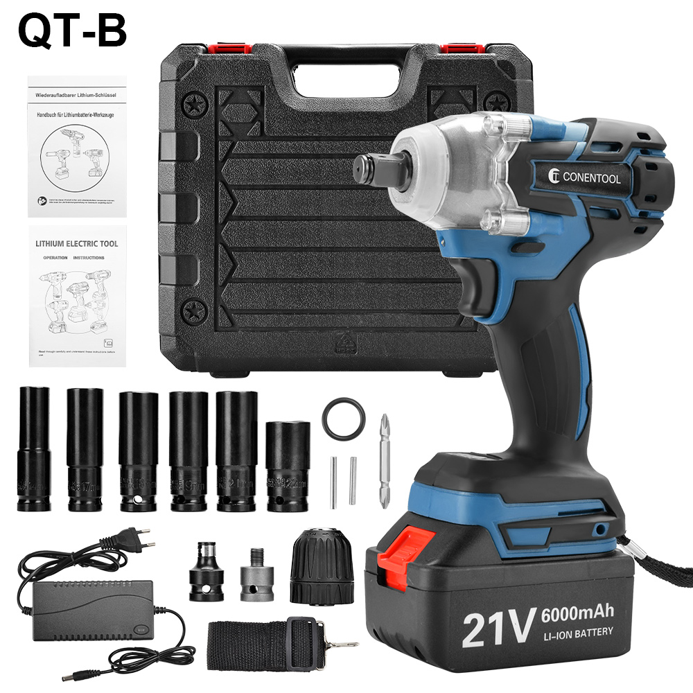 CONENTOOL Brushless Cordless Wrench 21V Power Tool 6000mAh Battery For Makita Rechargeable Battery Impact Wrench LED Light: QT-Blue