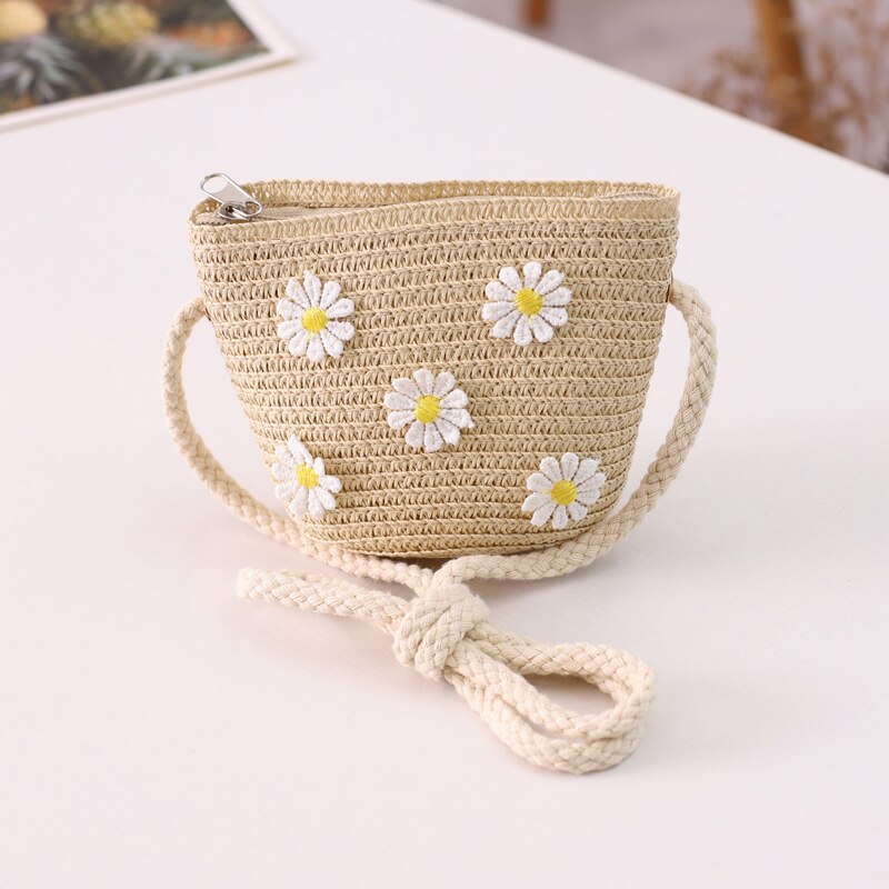 Zomer Meisje Strooien Hoed Tas Set Zon Cap Outdoor Kids Ademend Strand Hoeden Chrysant Zoete Prinses Seaside Panama Hoed: beige bag