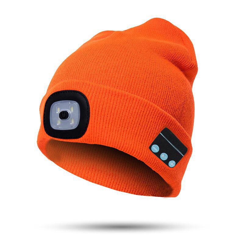 Bluetooth-muts met led-koplamp, verlichte muts, oplaadbaar met draadloze bluetooth-winterwarme gebreide muts en t8: Oranje