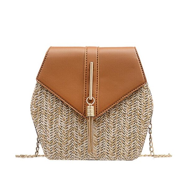Hexagon Mulit Stil Stroh + leder Handtasche Frauen Sommer Rattan Tasche Handarbeit Gewebt Strand Kreis Böhmen Schulter Tasche Neue: Brown B