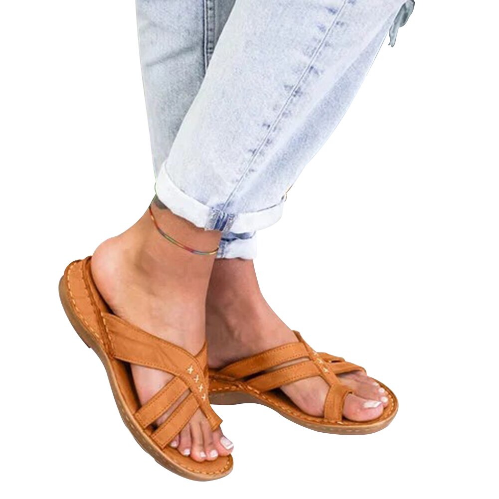 Damen Reise Frauen Sandalen drinnen draussen Schuhe Fuß Korrektur lässig Sommer Strand Offene spitze Flache Ferse PU Leder Weiche Nicht Unterhose: Dunkelbraun / 37