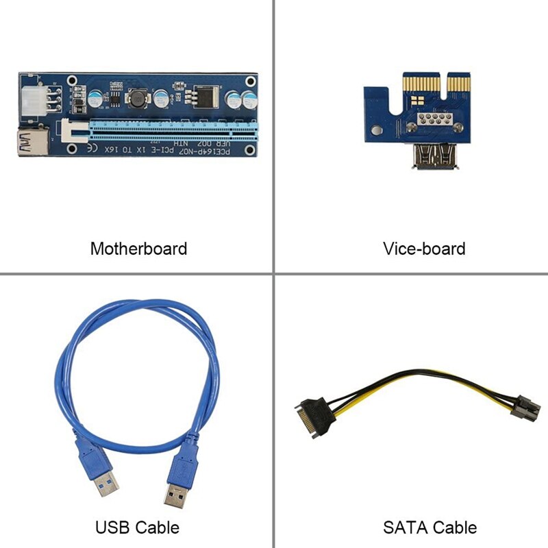 Pcie Riser 1X Om 16X Powered Riser Card Adapter, 60Cm Usb 3.0 Verlengkabel, 6 Pin Sata Power Cable - 6 Pack