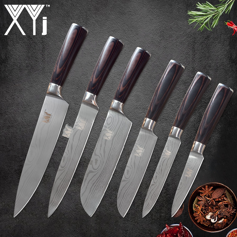 Xyj 6 stk rustfritt stål kjøkkenkniv høy karbon skarpt blad bøy håndtak kokk skjæringe santoku nytte skjærekniver