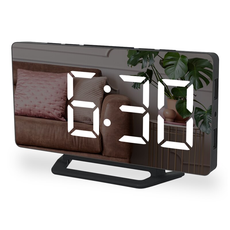 LED Alarm Clock Desk Table Digital Clock Curved LED Screen Alarm Clocks For Kid Bedroom Temperature Snooze Function Home Watch: White-03