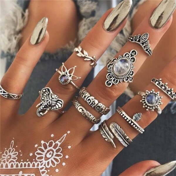 15 stks/set Vrouwen Mode Ringen Harten Fatima Handen Virgin Mary Cross Leaf Hollow Geometrische Crystal Ring Set Bruiloft Sieraden: 15239