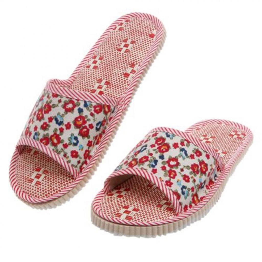 Kleine Bloemen Linnen Stro Mat Thuis Sandalen En Slippers Indoor Vloer Mannen En Vrouwen Paar Thuis Opening Slippers: red