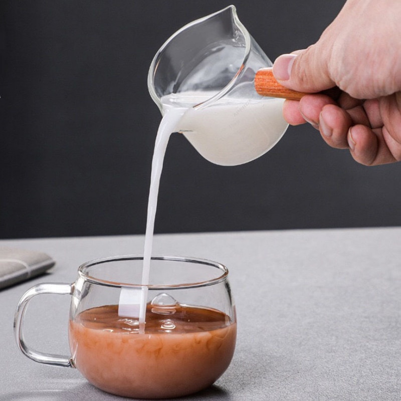 Houten Handvat Dubbele Mond Glas Melk Cup Schaal 75Ml Koffie Ounce Maatbeker Huishouden Cafe Winkel Metering Transparante Mok