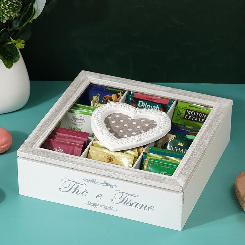 Wooden Tea Organizer for Tea Bags - Wooden Tea Chest with 9 Compartments - Clear Top Window - Lid Stays Open