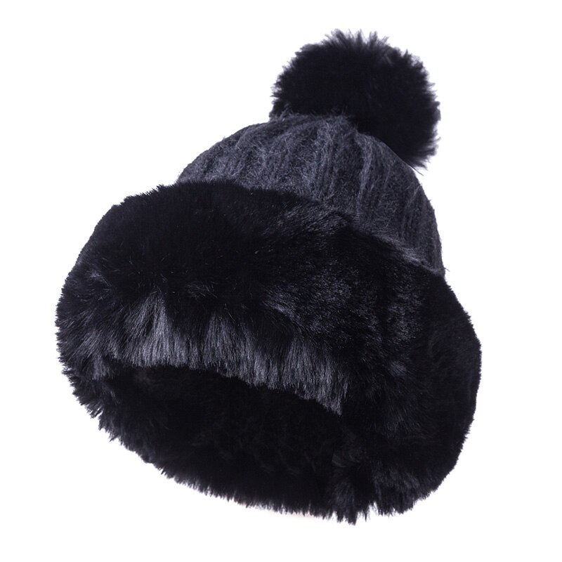 Strikhue kvinder vinter bløde holde varmen huer kvinde plus fløjl pompon strik hue udendørs varm afslappet hue skullies: Sort