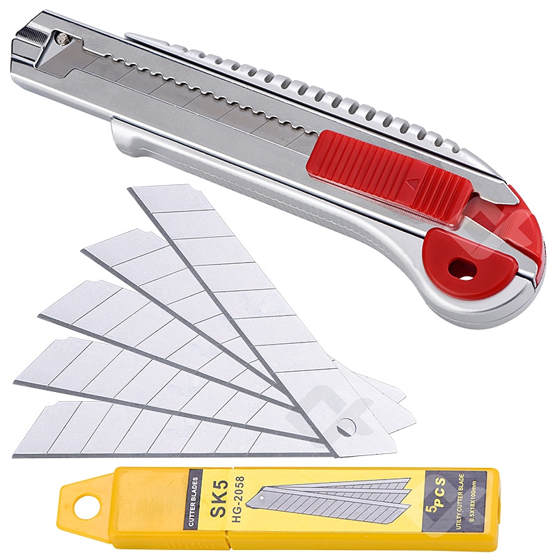 Retractable Utility Knife Extra 5Pcs Blades Box Cutter Self Loading Heavy Duty Snap Off Quick Change TPR+PP Handle Cutting