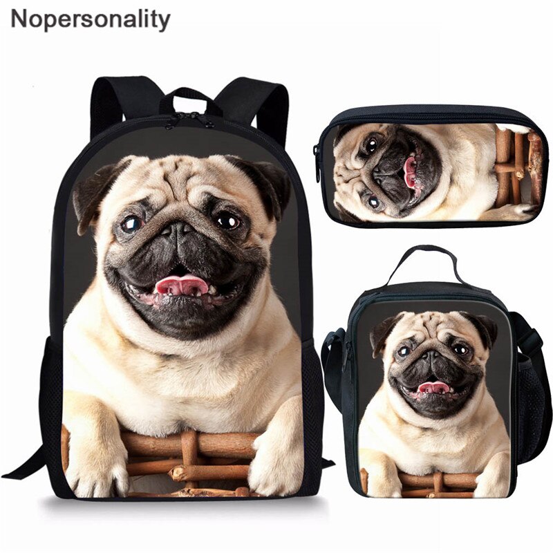 Nopersonality Teenager Girls Pug School BookBag Puppy Bagpack School Bag Print 3Pcs Kids Children Black Backpacks Women Mochilas