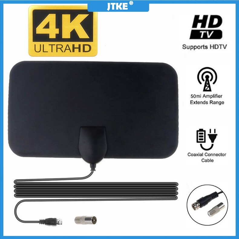 JTKE-antena de TV Digital, dispositivo de alta ganancia, 4K, 25DB, con enchufe europeo, potenciador de 50 millas, plano HD aéreo para interior