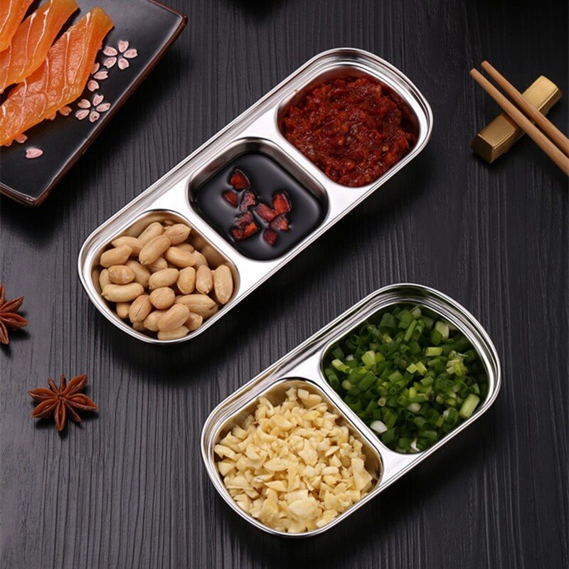 Barbecue Dipping Dish Stainless Steel Condiment Bowl Three Grilles Soy Sauce Vinegar Sauce Divided Es