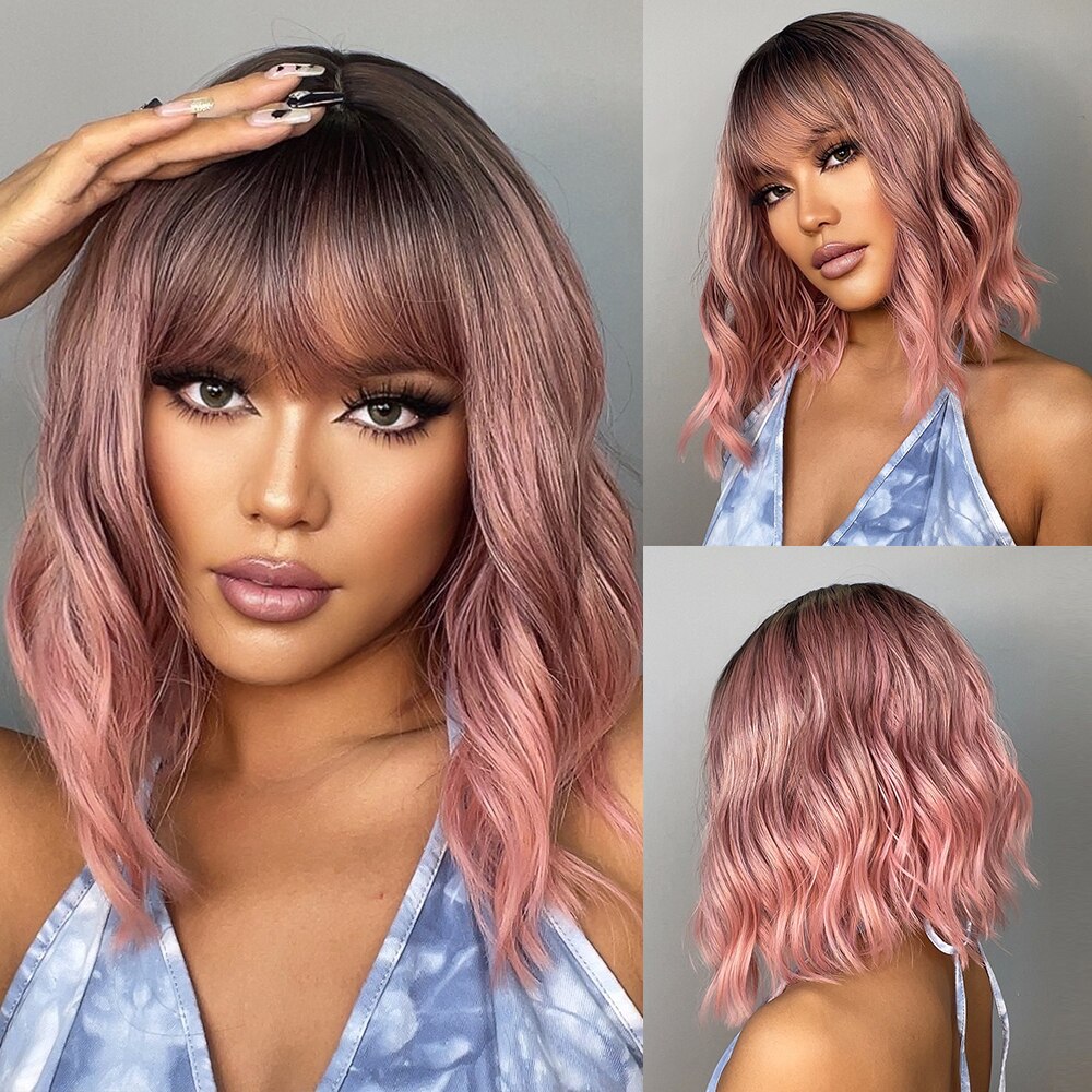 Pelucas sintéticas ombré marrón Rubio para mujer, pelo corto ondulado Bob con flequillo, onda corporal, Cosplay, Lolita, pelo Natural resistente al calor: 1B/27HL