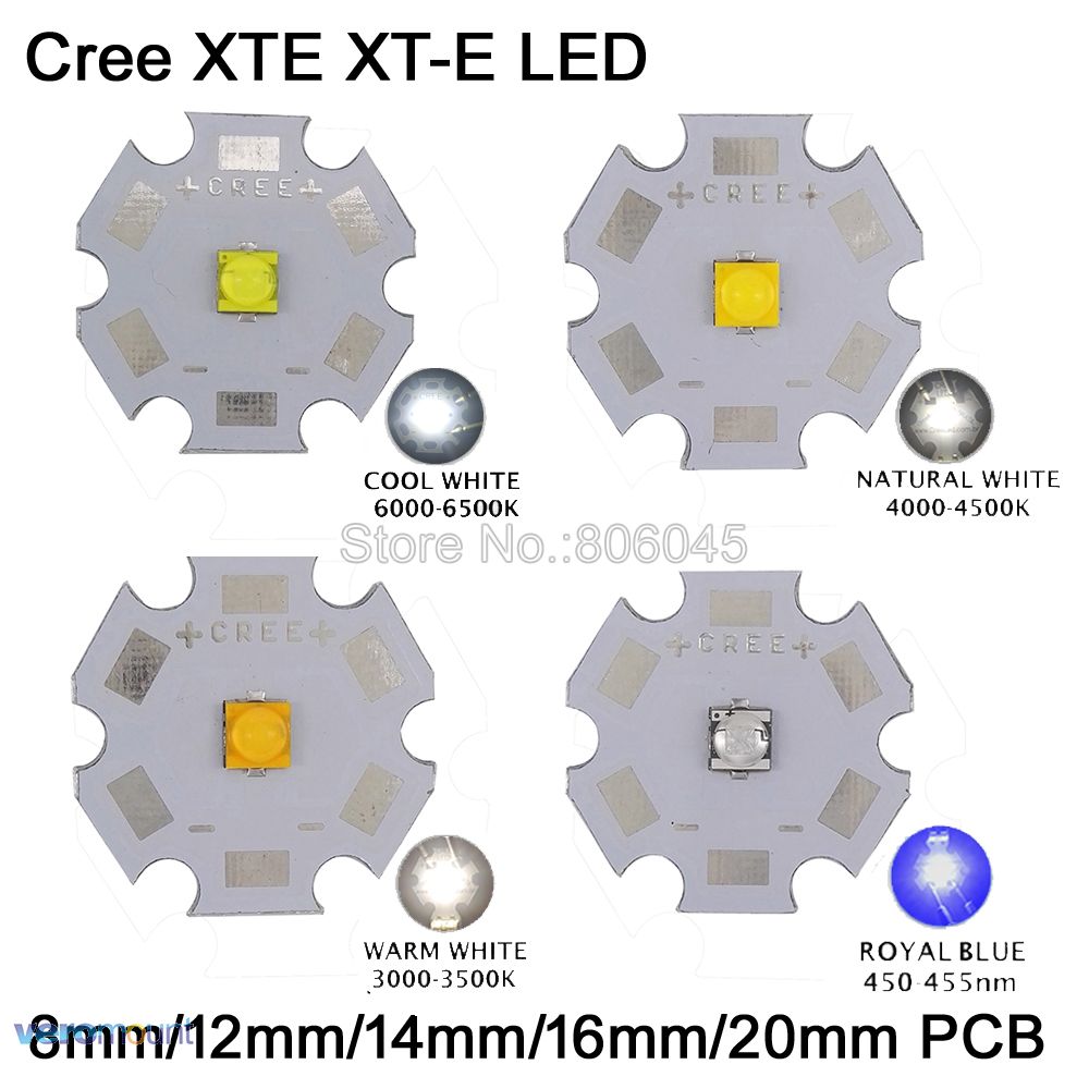 10x 5W Cree XTE XT-E High Power LED Emitter Diode,Cool White/Warm White/Neutral White/ Royal Blue on 8mm/12mm/14mm/16mm/20mm PCB