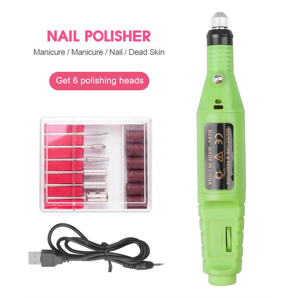 1 sæt power elektrisk manicure maskine pen pedicure neglefil værktøj 6 bits negle boreudstyr: Grøn
